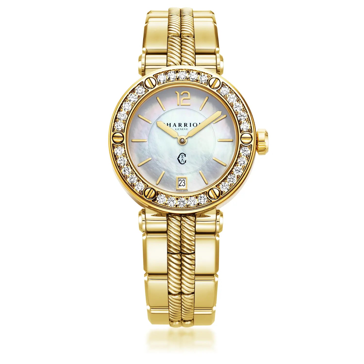 NAVIGATOR CRUISE، 36 مم، عيار كوارتز عيار 36 مم، مينا من اللؤلؤ، 30 حبة ألماس، سوار من الذهب الأصفر والذهب الأصفر والذهب البولي فينيل متعدد الألوان - Charriol جنيف - ساعة يد