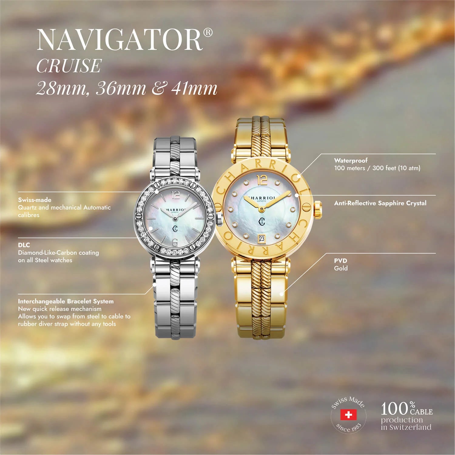 NAVIGATOR CRUISE، 28 مم، أم لؤلؤة مع مينا 12 حجر كريم، 30 حجر كريم، سوار فولاذي قابل للتبديل - Charriol جنيف - ساعة