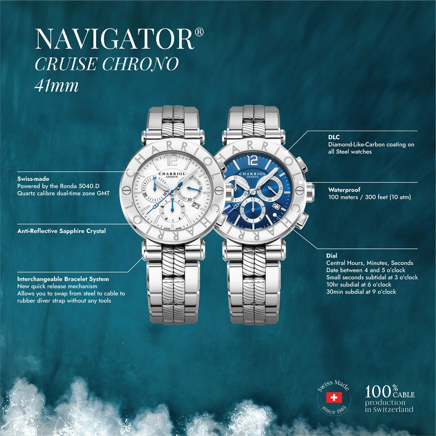 NAVIGATOR CRUISE، 41 مم، عيار كوارتز كرونوغرافي كوارتزي، مينا أسود مع كروس حمراء، حزام من الفولاذ الأسود الفولاذي PVD "CHARRIOL CHARRIOL "، سوار من المطاط الأسود قابل للتبديل بين الأشرطة - © 2024 Charriol - ساعة