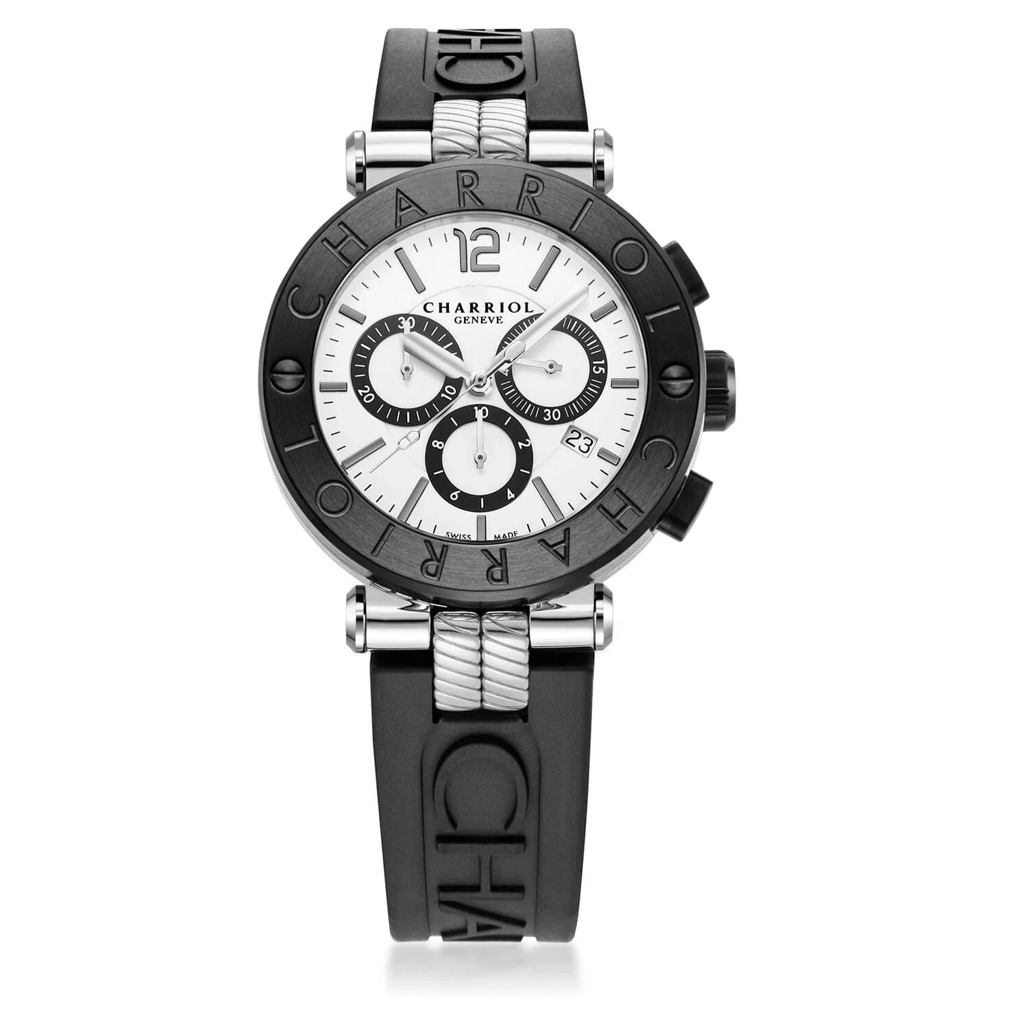 NAVIGATOR CRUISE, 41MM, QUARTZ CHRONOGRAPH CALIBRE, WHITE DIAL WITH 1 ARABIC AND 11 RHODIUM INDEX DIAL, STEEL BLACK PVD "CHARRIOL CHARRIOL" BEZEL, BLACK RUBBER INTERCHANGEABLE BRACELET - ©2025 Philippe Charriol International Ltd. -  Watch