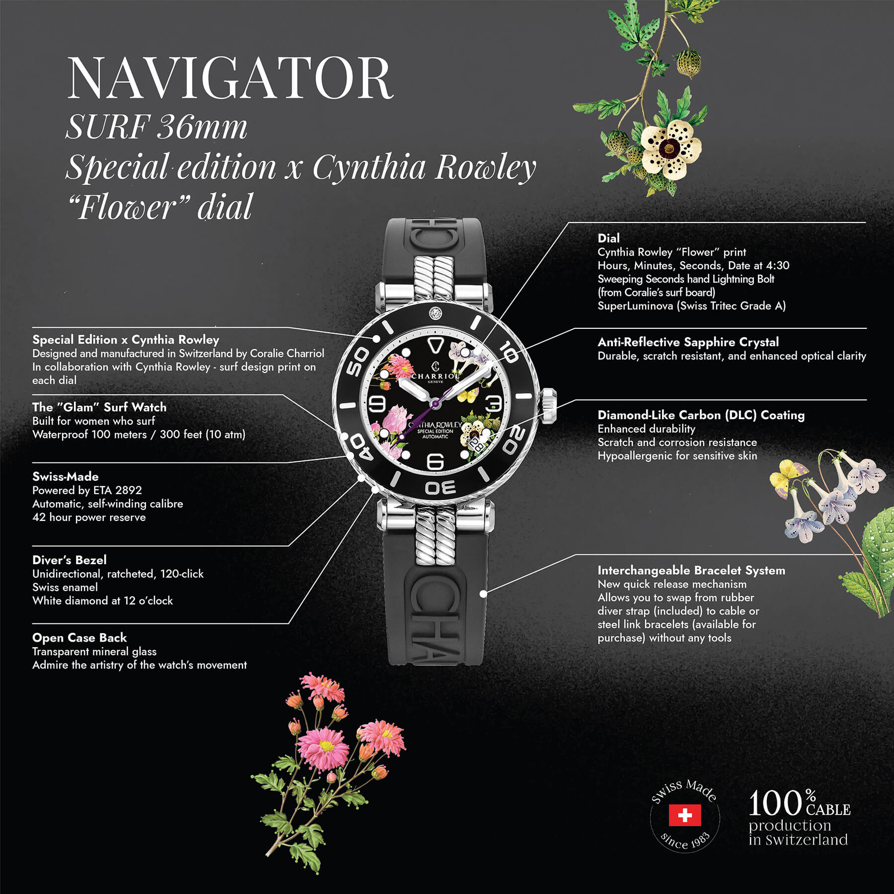 NAVIGATOR عيار 36 ملم، عيار أوتوماتيكي، مينا زهرية، أسود مع حافة من الماس، سوار أسود مطاطي قابل للتبديل، إصدار خاص من سينثيا رولي - © 2024 Charriol - ساعة