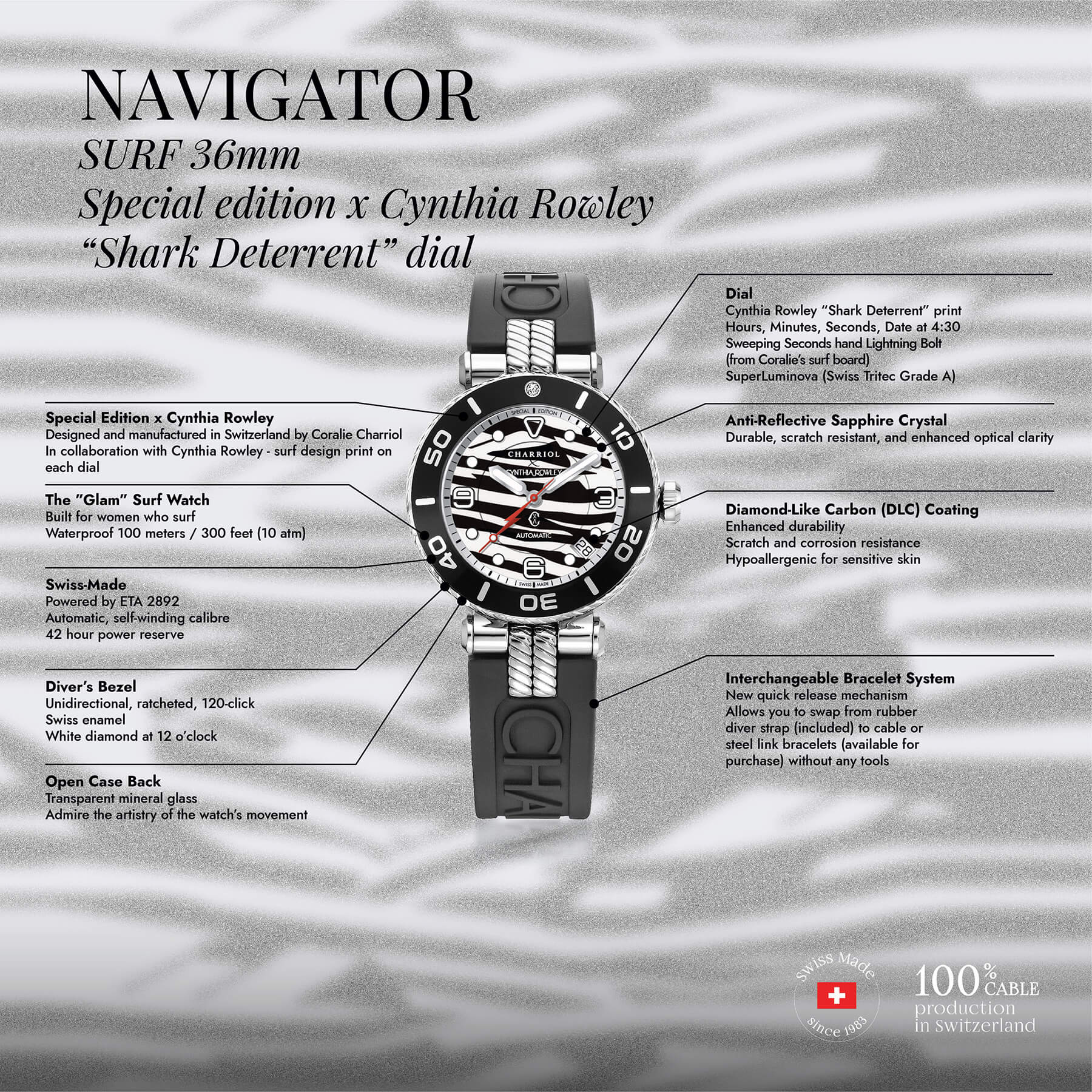 NAVIGATOR سرف، 36 مم، عيار أوتوماتيكي، قرص عيار أوتوماتيكي، قرص سمك القرش محدد، أسود مع حافة ماس واحدة، سوار أسود مطاطي قابل للتبديل، إصدار خاص من سينثيا رولي - © 2024 Charriol - ساعة يد
