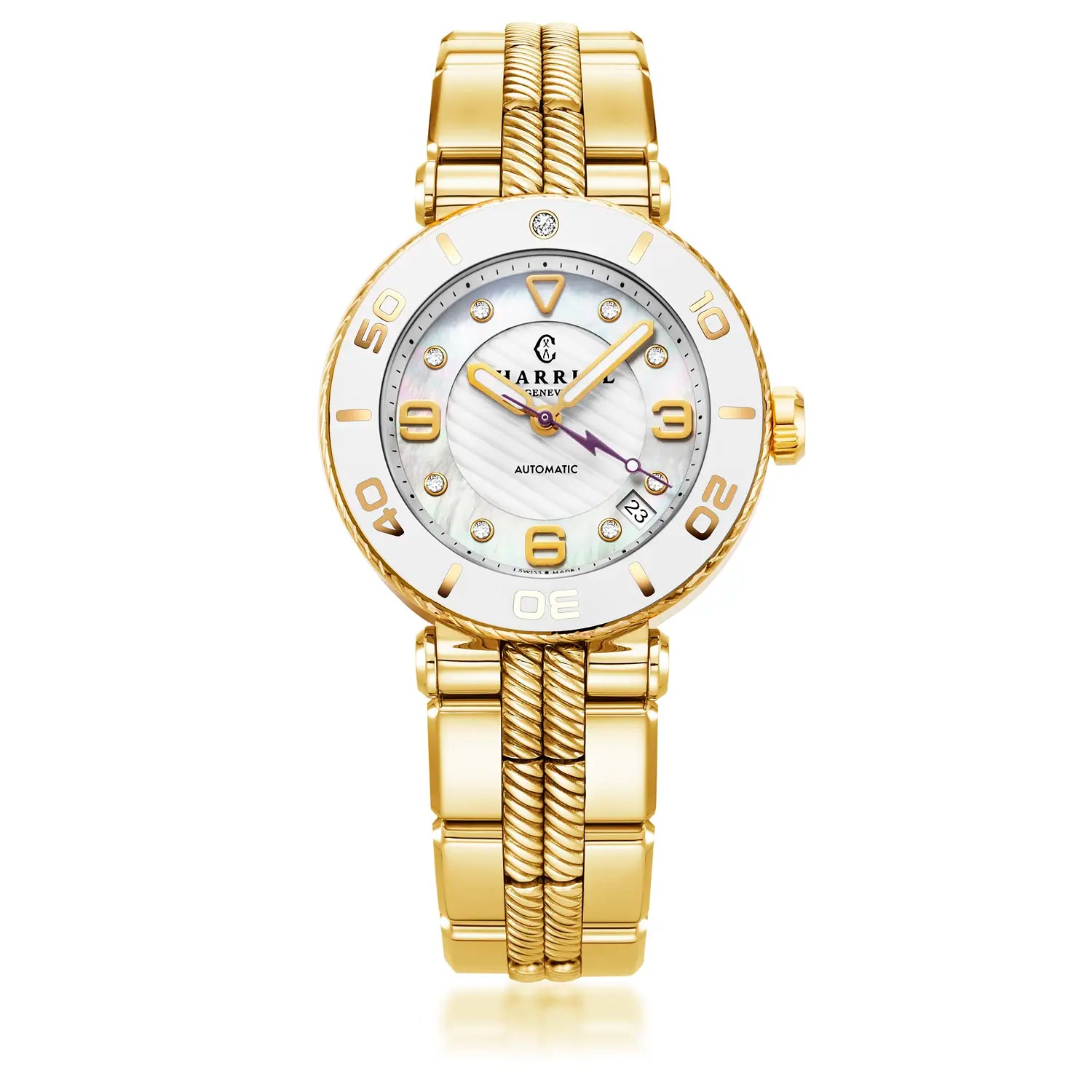 NAVIGATOR سرف، 36 مم، عيار أوتوماتيكي، مينا أبيض، حافة بيضاء، سوار من الذهب الأصفر PVD قابل للتبديل - Charriol جنيف - ساعة يد - جنيف