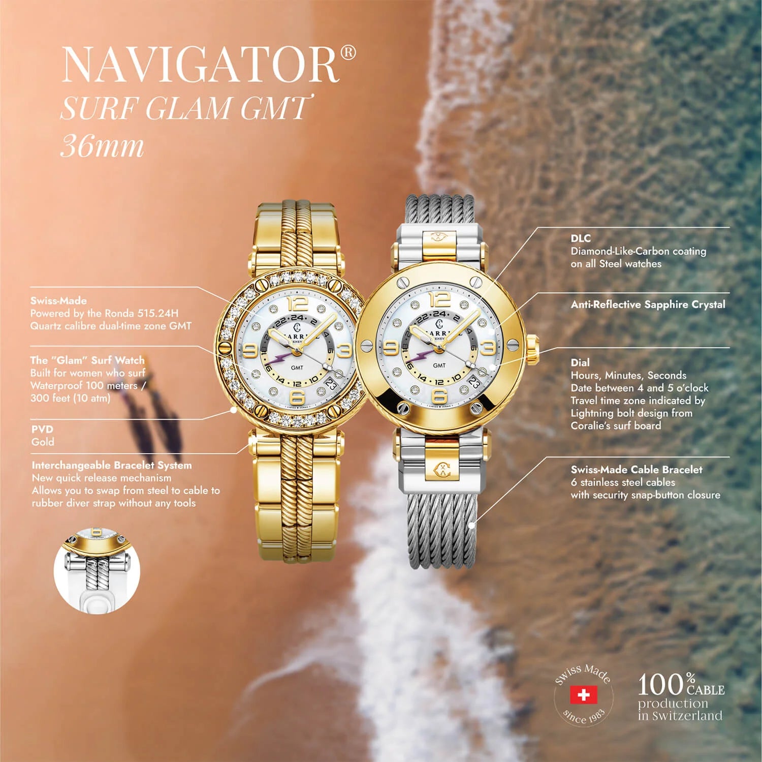 NAVIGATOR ساعة SURF GMT، 36 مم، عيار كوارتز بتوقيت جرينتش، مينا أبيض، حافة 30 ماسة، سوار من الذهب الأصفر PVD قابل للتبديل - Charriol جنيف - ساعة يد