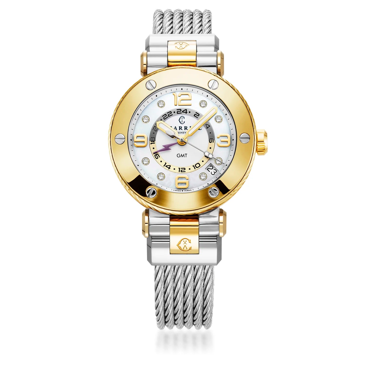 NAVIGATOR ساعة SURF GMT، 36 مم، عيار كوارتز بتوقيت غرينتش، مينا أبيض، 6 أسلاك حديديّة، سوار فولاذي قابل للتبديل - Charriol جنيف - ساعة يد