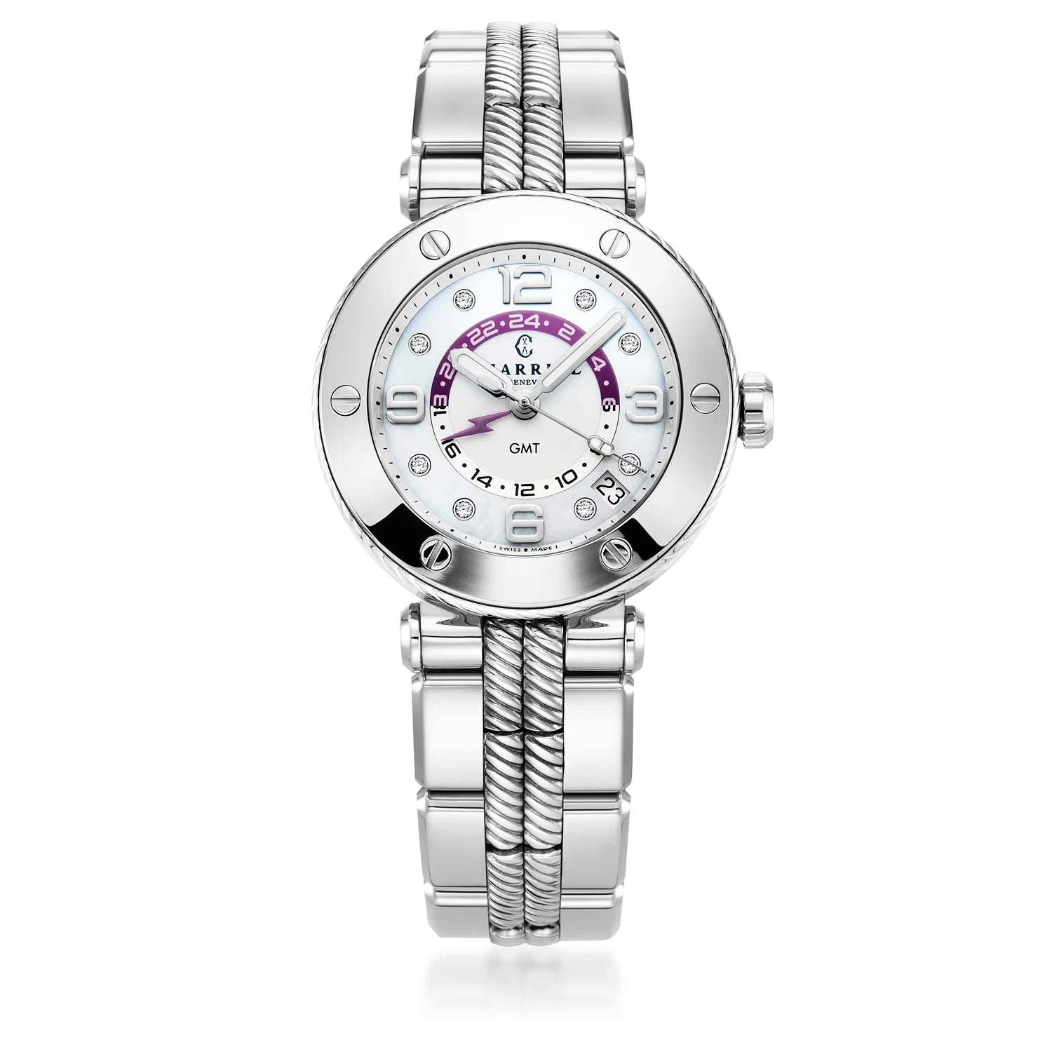 NAVIGATOR ساعة SURF GMT، 36 مم، عيار كوارتز بتوقيت جرينتش، مينا أبيض، حافة 6 أسلاك وسوار فولاذي قابل للتبديل - Charriol جنيف - ساعة يد