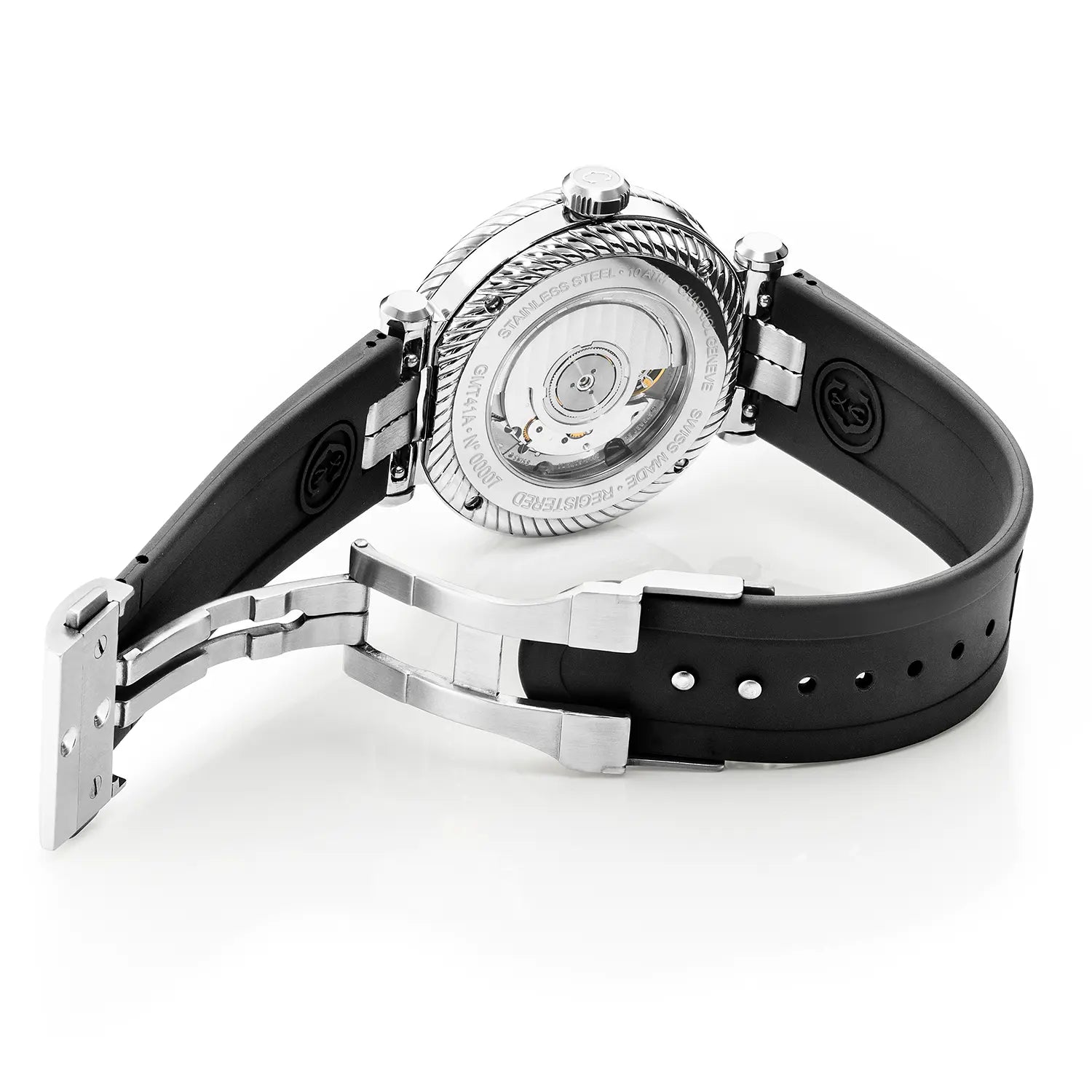 NAVIGATOR ساعة SURF GMT، 41 مم، عيار أوتوماتيكي، مينا أبيض، حافة ذات 6 مسامير، سوار مطاطي أسود قابل للتبديل - Charriol جنيف - ساعة يد