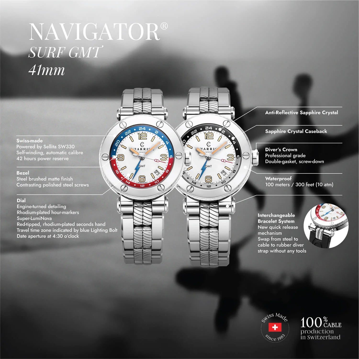 NAVIGATOR ساعة SURF GMT، 41 مم، عيار أوتوماتيكي، مينا أبيض، 6 أسلاك مخروطية، سوار فولاذي قابل للتبديل - Charriol جنيف - ساعة يد