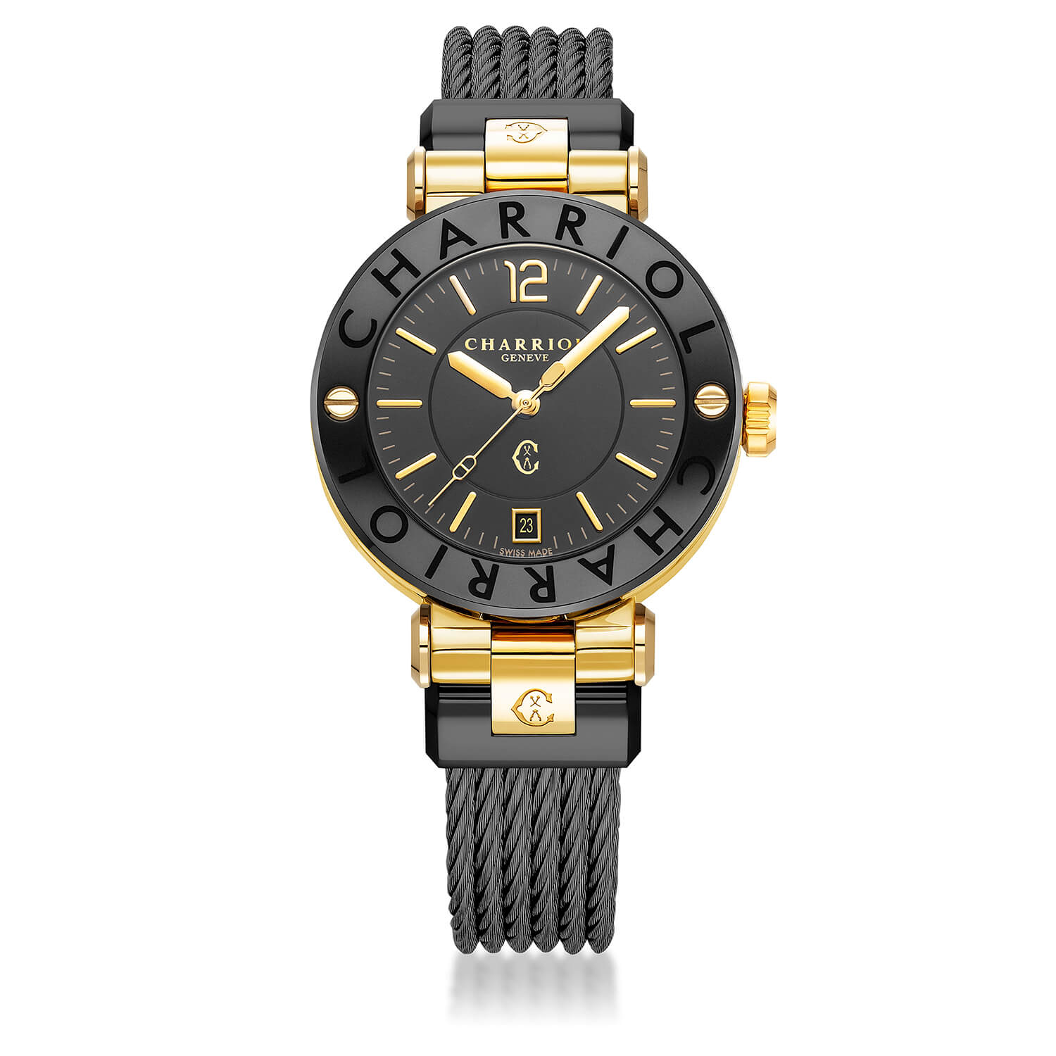 NAVIGATOR CRUISE, 36MM, QUARTZ CALIBRE, BLACK WITH YELLOW GOLD PVD ARABIC AND 10 INDEX, STEEL BLACK PVD "CHARRIOL CHARRIOL" WITH 2 SCREWS BEZEL, STEEL BLACK PVD INTERCHANGEABLE CABLE BRACELET - © 2024 Charriol -  Watch