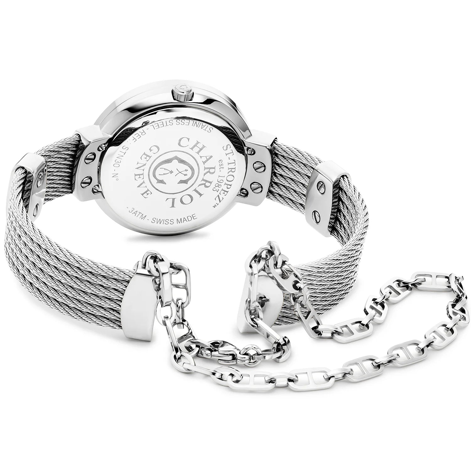 ST TROPEZ، 30 مم، عيار كوارتز، عيار كوارتز، سوار من اللؤلؤ مع 10 أحجار كريمة مع 10 أحجار كريمة "CHARRIOL CHARRIOL "، سوار من الفولاذ - Charriol جنيف - ساعة