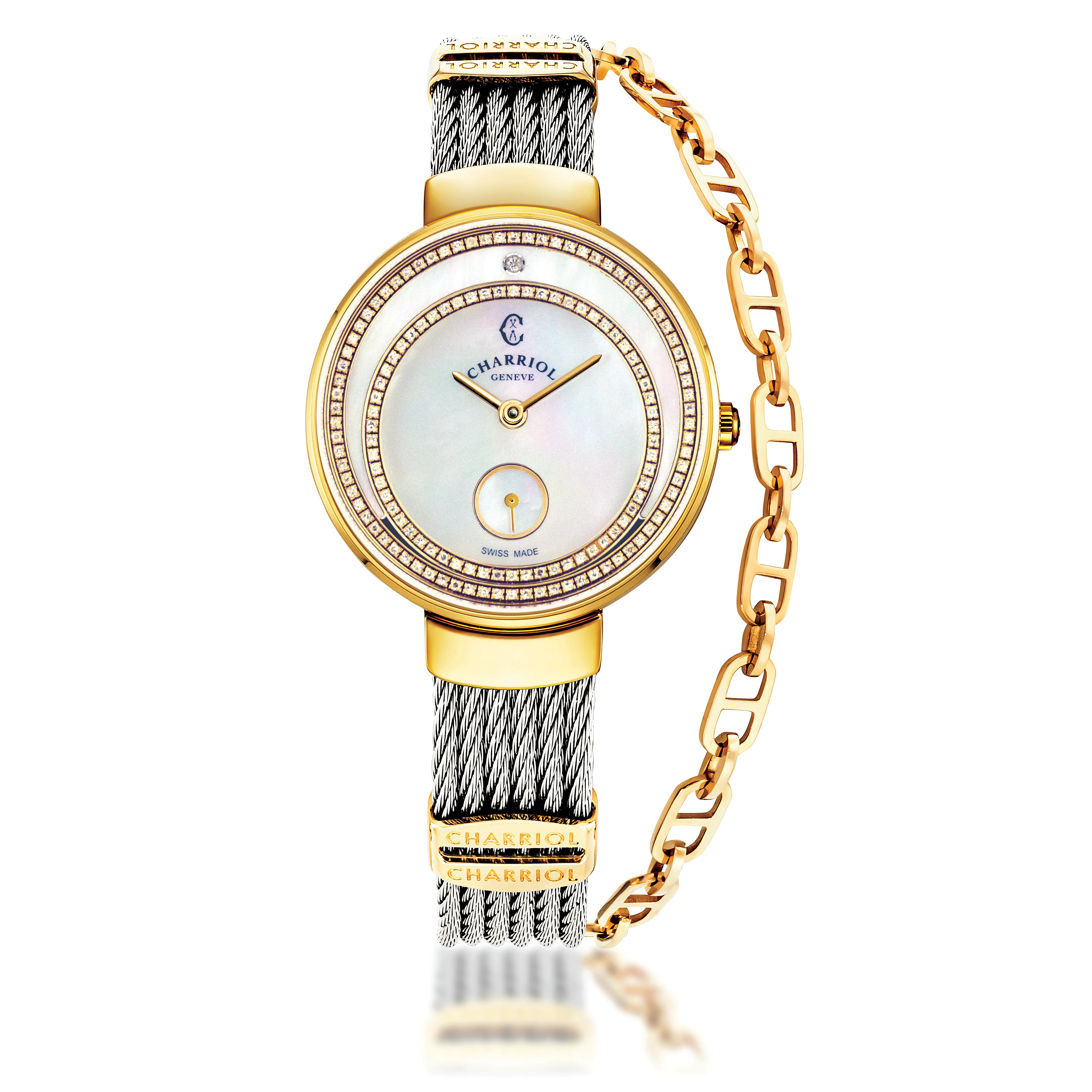 ST-TROPEZ® ECLIPSE, 30MM, STEEL YELLOW GOLD PVD BEZEL, WHITE MOTHER-OF-PEARL WITH 140 DIAMONDS DIAL, STEEL CABLE WITH YELLOW GOLD PVD DECORS BRACELET - ©2025 Philippe Charriol International Ltd. -  Watch
