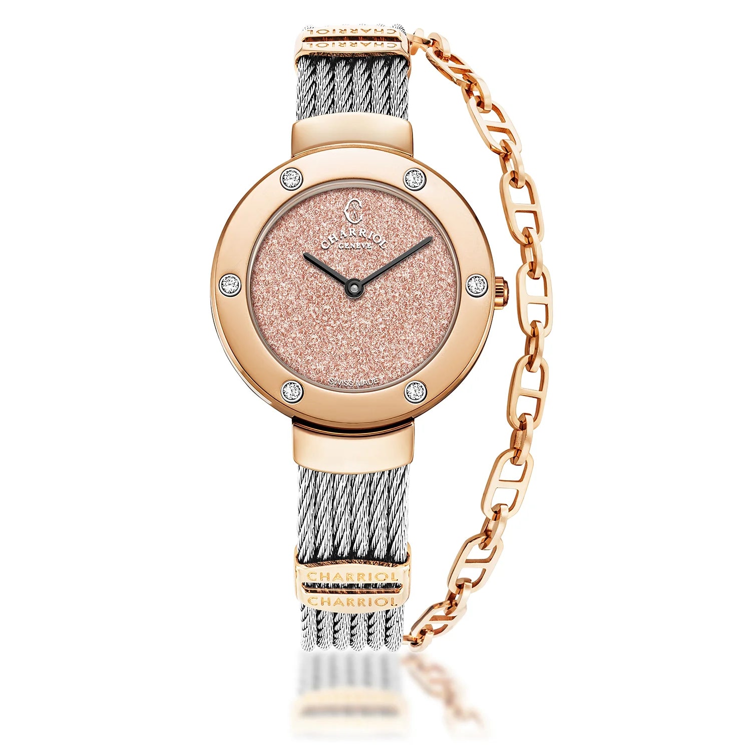 ST TROPEZ GLITTERS, 30MM, QUARTZ CALIBRE, SALMON GLITTER DIAL, ROSE GOLD PVD WITH 6 DIAMONDS BEZEL, STEEL CABLE BRACELET - Charriol Geneve -  Watch