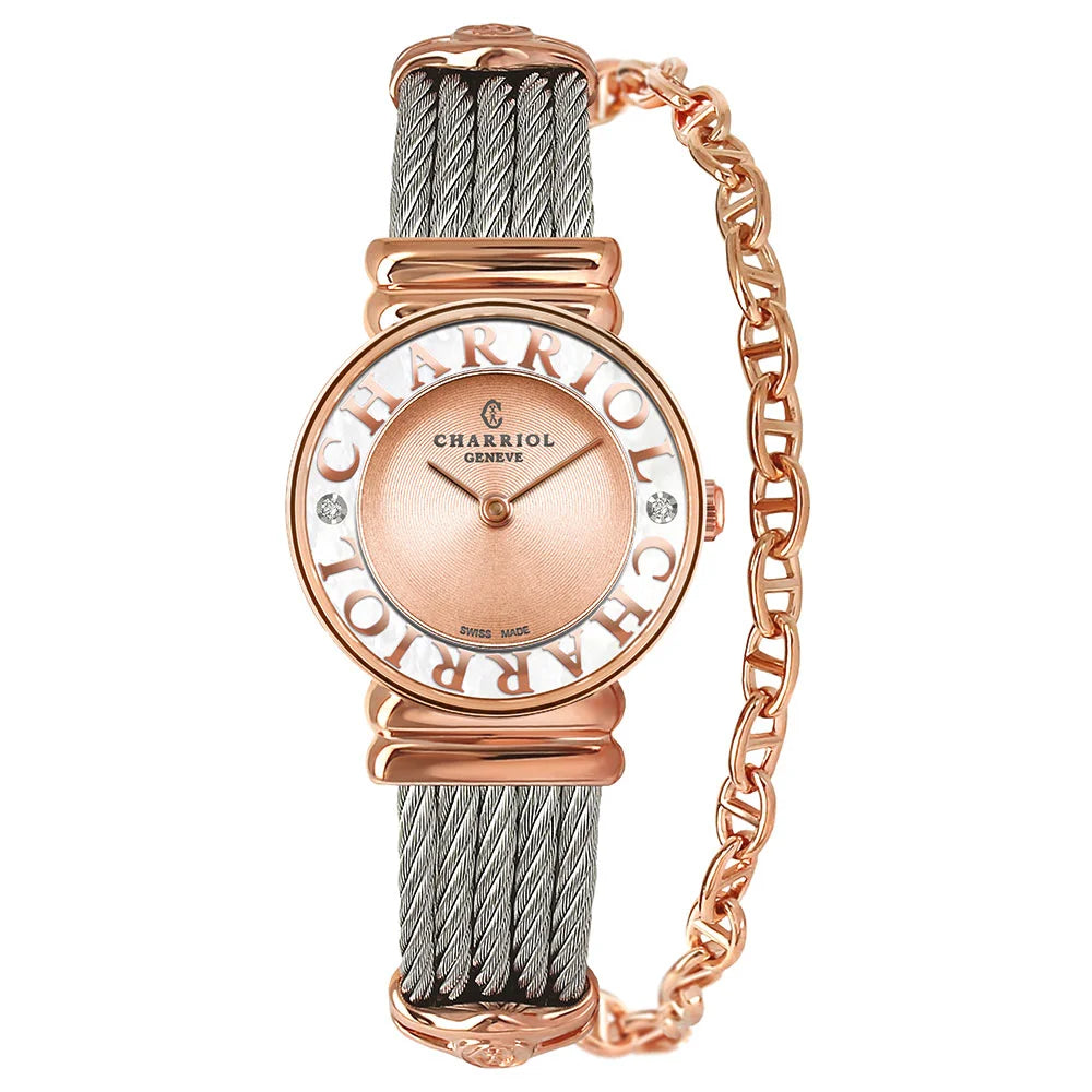 ST TROPEZ® ICON, 24.5MM, QUARTZ CALIBRE, PINK SALMON DIAL, WHITE MOTHER-OF-PEARL "CHARRIOL CHARRIOL" WITH 2 DIAMONDS BEZEL, STEEL CABLE BRACELET - ©2025 Philippe Charriol International Ltd. -  Watch