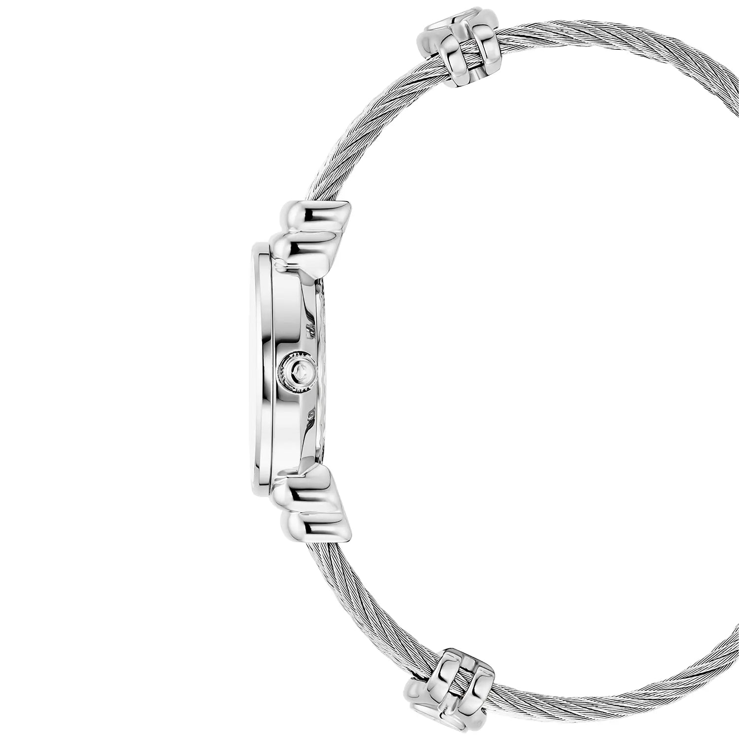 St Tropez ساعة Icon 24.5 ملم من الفولاذ المقاوم للصدأ، كابل فولاذي، إطار من 8 ألماس وميناء أبيض من MOP - Charriol جنيف - ساعة