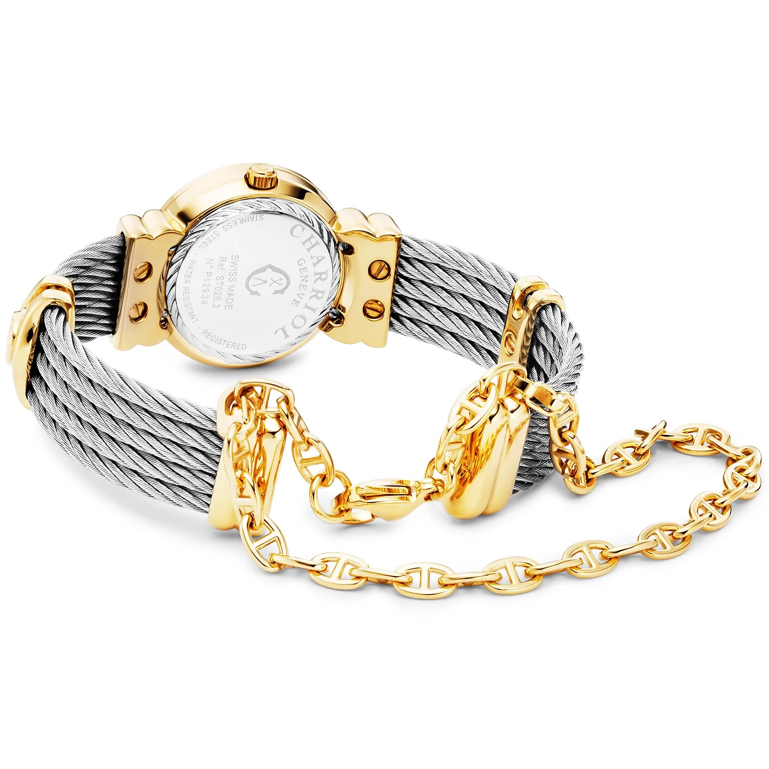 St Tropez ساعة أيكون 24.5 ملم ذهب أصفر، كابل فولاذي، Charriol إطار وميناء مرصع بـ 12 ماسة من الماس الأبيض - Charriol جنيف - ساعة