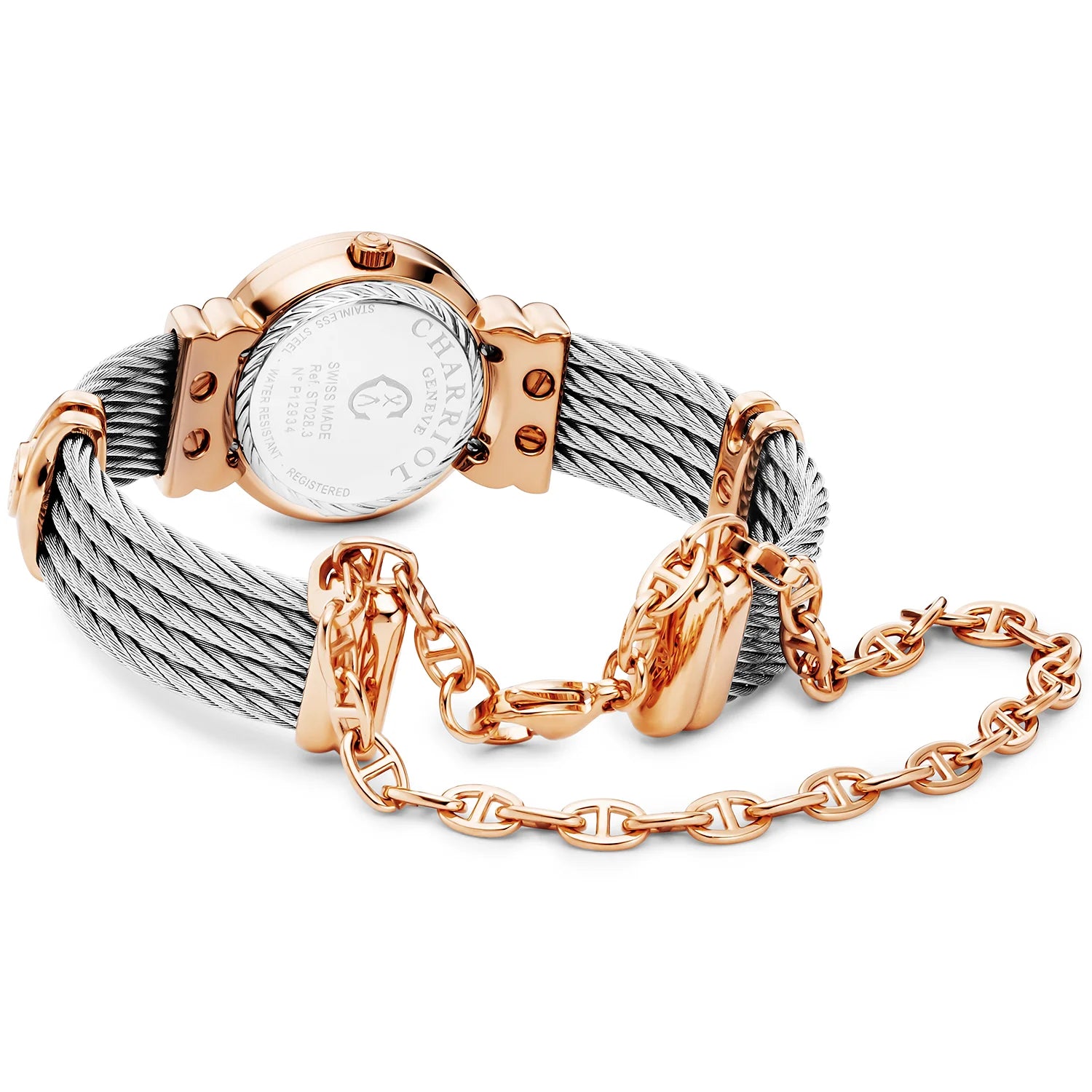 St Tropez ساعة Icon 24.5 ملم ذهبية وردية PVD، كابل فولاذي، Charriol إطار وميناء مرصع بـ 12 ماسة من الألماس الأبيض MOP - Charriol جنيف - ساعة يد
