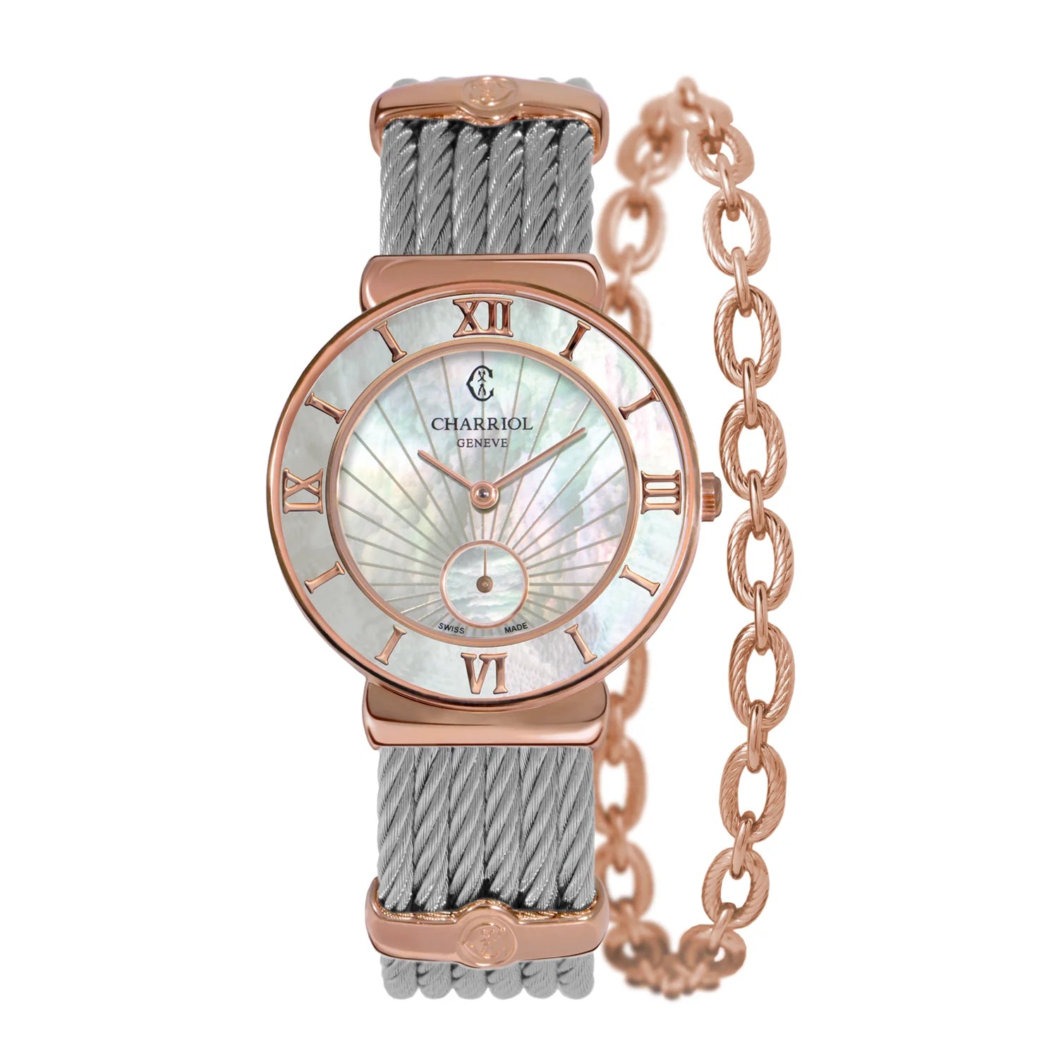 ST TROPEZ® ICON, 30MM, QUARTZ CALIBRE, MOTHER-OF-PEARL SUNSHINE DIAL, MOTHER-OF-PEARL WITH ROMAN NUMERALS BEZEL, STEEL CABLE BRACELET - ©2025 Philippe Charriol International Ltd. -  