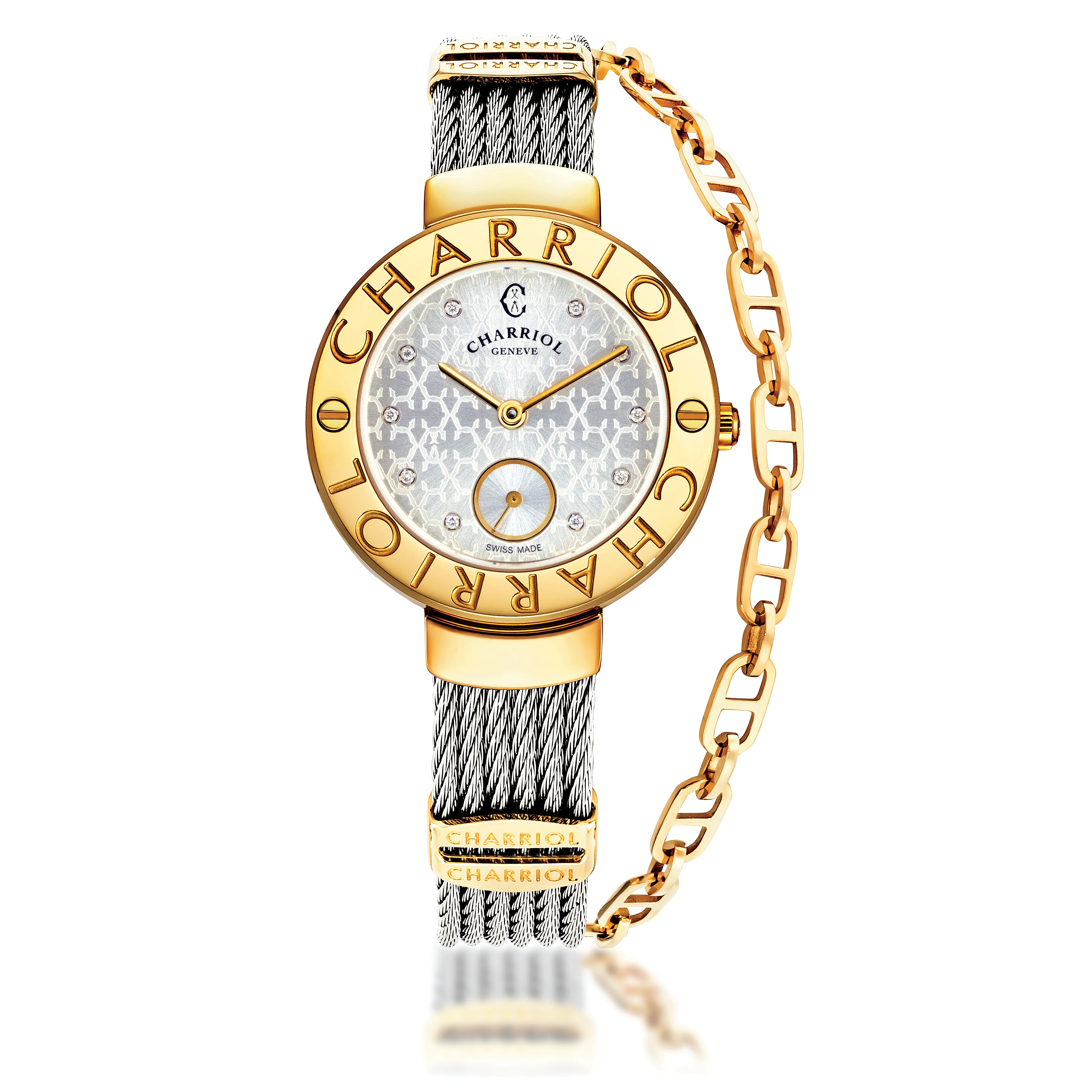 ST-TROPEZ® MONOGRAM, 30MM, STEEL YELLOW GOLD PVD BEZEL, WHITE MONOGRAM WITH 10 DIAMONDS DIAL, STEEL CABLE WITH YELLOW GOLD PVD DECORS BRACELET - ©2025 Philippe Charriol International Ltd. -  Watch