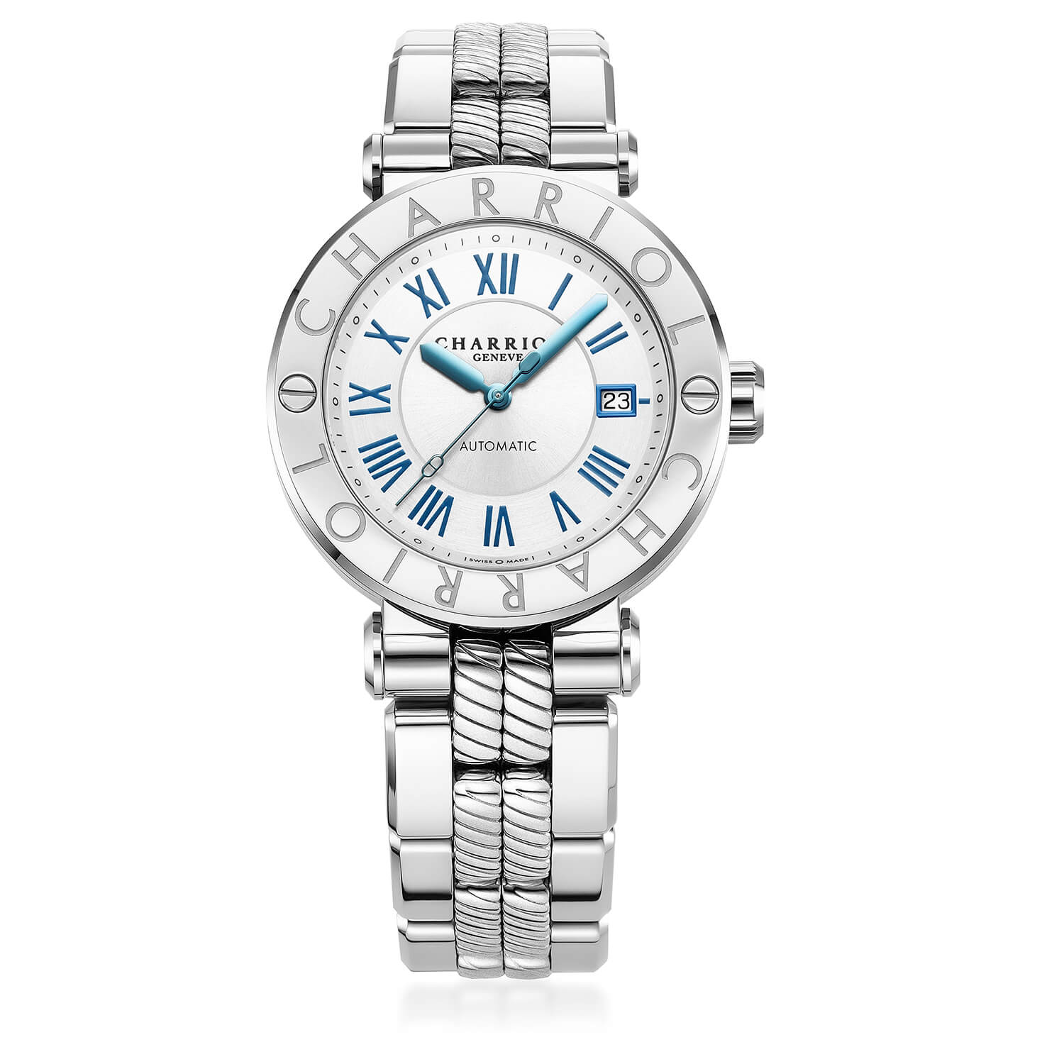 NAVIGATOR CRUISE, 41MM, AUTOMATIC CALIBRE, MATT WHITE CENTER SUN AND CIRCULAR DIAL WITH 11 BLUE ROMAN FIGURES, STEEL "CHARRIOL CHARRIOL" WITH 2 SCREWS BEZEL, ,METAL INTERCHANGEABLE BRACELET - © 2024 Charriol -  Watch