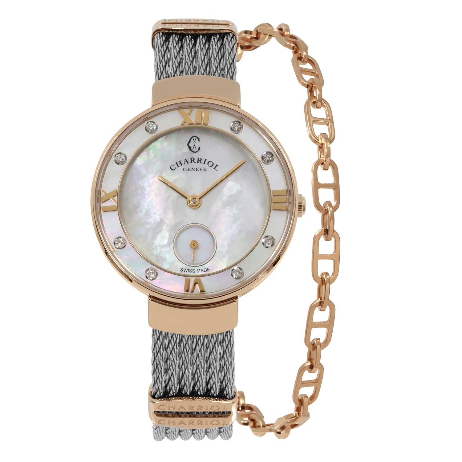 ST TROPEZ, 30MM, QUARTZ CALIBRE, WHITE MOTHER-OF-PEARL DIAL, WHITE MOTHER-OF-PEARL WITH 8 DIAMONDS BEZEL, STEEL CABLE BRACELET - Charriol Geneve -  Watch